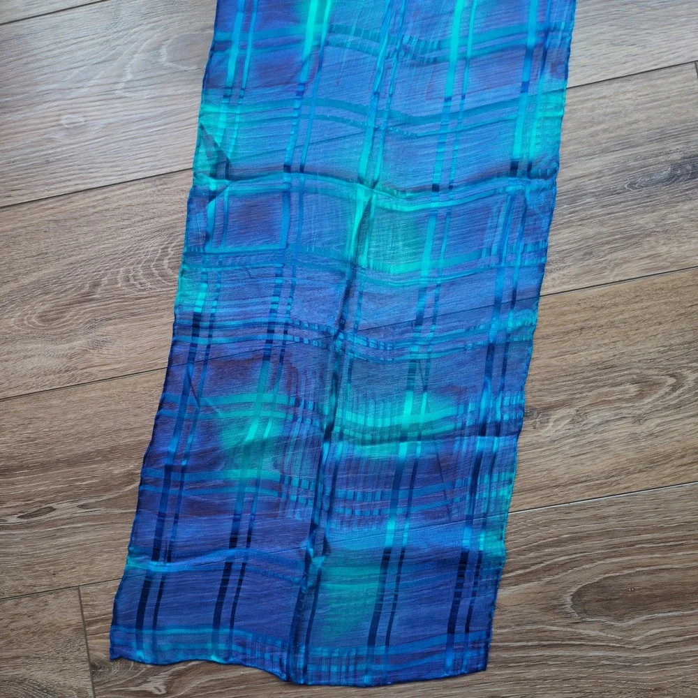 NWT Chico's Sheer Blue Geometric 100% Silk Scarf Teal Windowpane Oblong Stripe